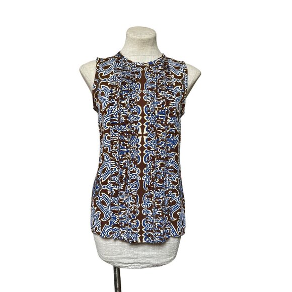 Tory Burch Carolinna Brown Silk Sleeveless Tuxedo Blouse Pleated Ruffle Front - Picture 1 of 10